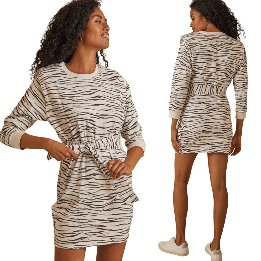 Saylor Rudie Mini Dress Zebra Print Sweatshirt Cotton Tie Waist Long Sleeve